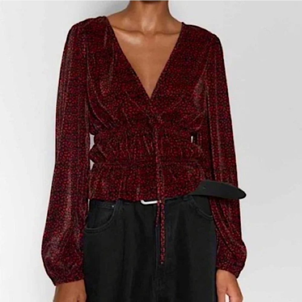 Zara red and black cheetah Tie Front Ribbed Peplum Blouse